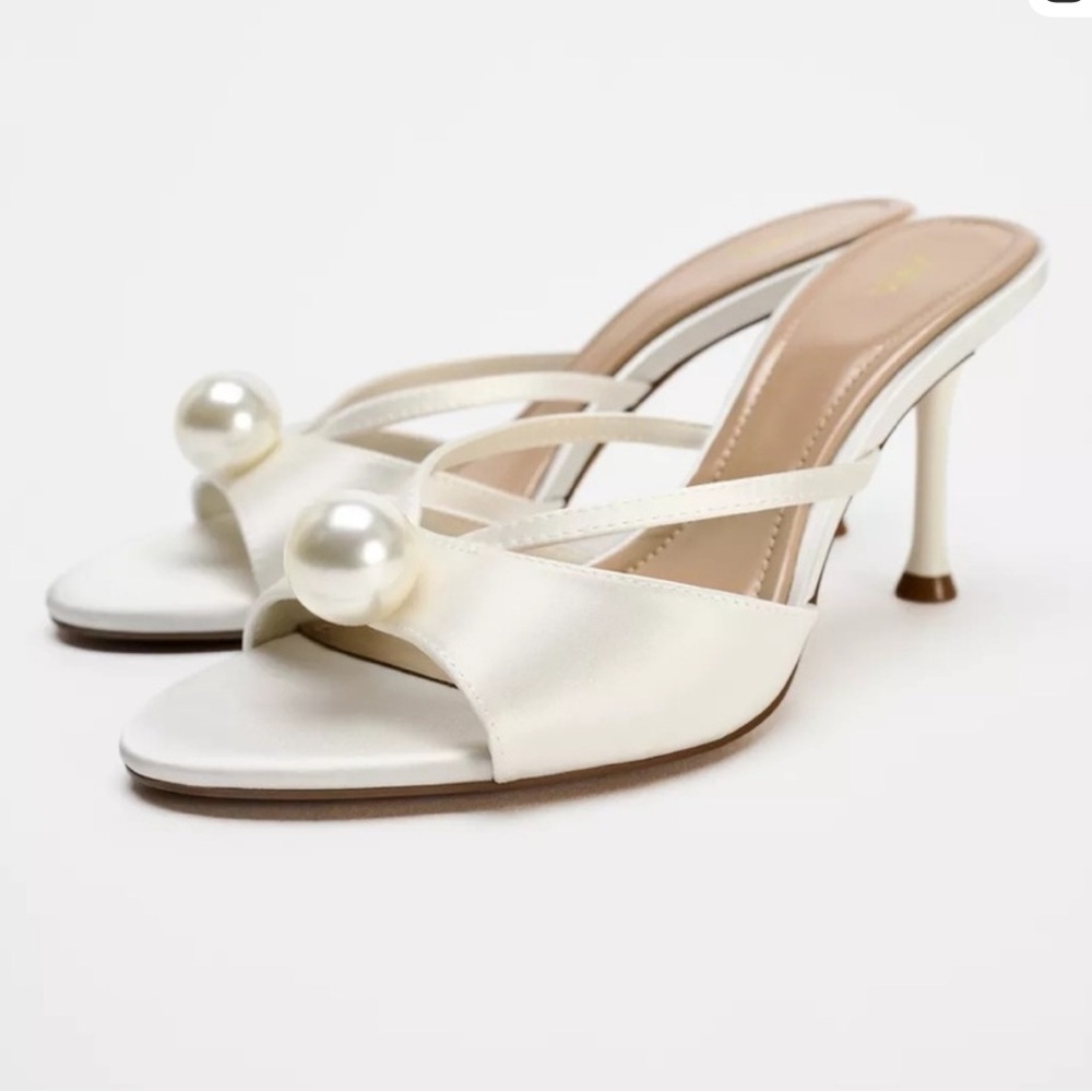 Zara White Heeled Sandals with Pearl Detail